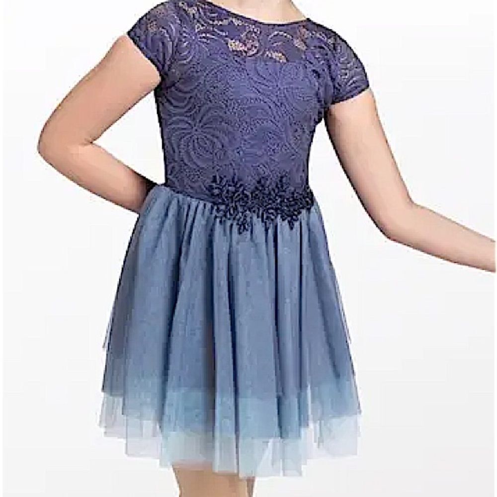 Weissman Dance costume tutu blue mesh lace dress Turning Tables 12502 IC 7/8